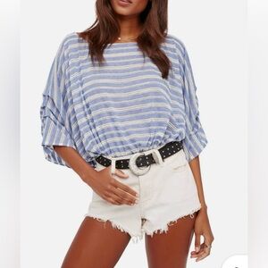 Free People Women’s Blue White Eyelet Striped Dolman Sleeve Azelea Top / Size XS
